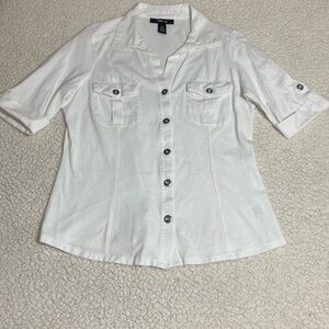 Style & Co. Women's White Cotton Utility Button Down Short Sleeve Shirt. Size S